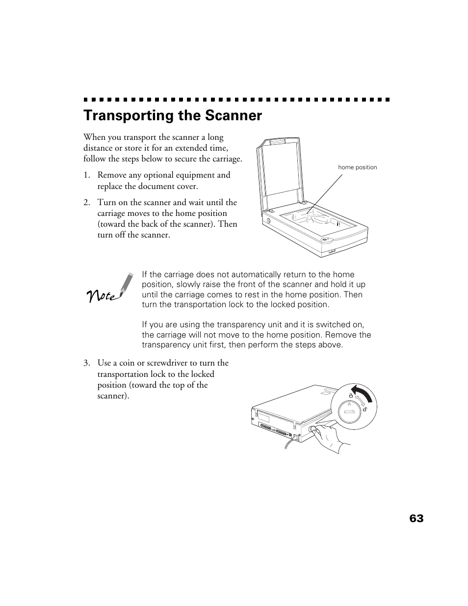 Transporting the scanner | Epson 1200S User Manual | Page 70 / 113