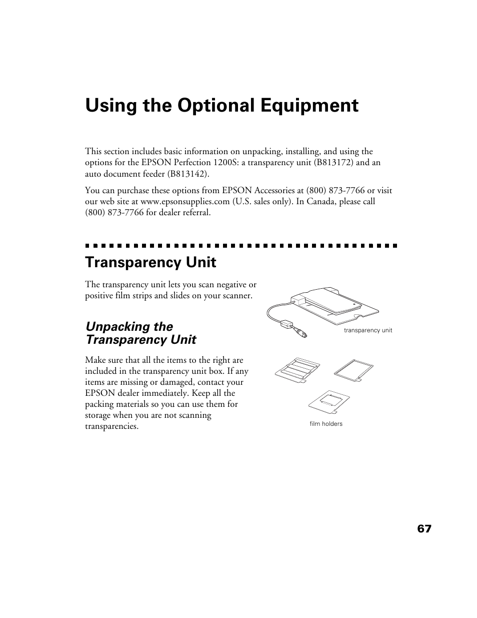 Using the optional equipment, Transparency unit, Unpacking the transparency unit | Epson 1200S User Manual | Page 74 / 113