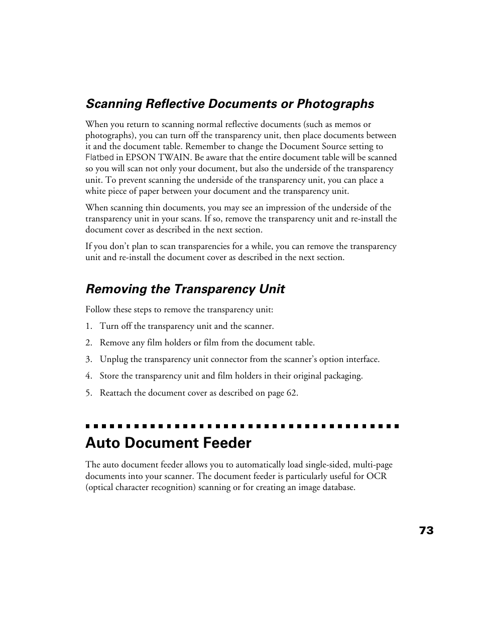 Scanning reflective documents or photographs, Removing the transparency unit, Auto document feeder | Epson 1200S User Manual | Page 80 / 113