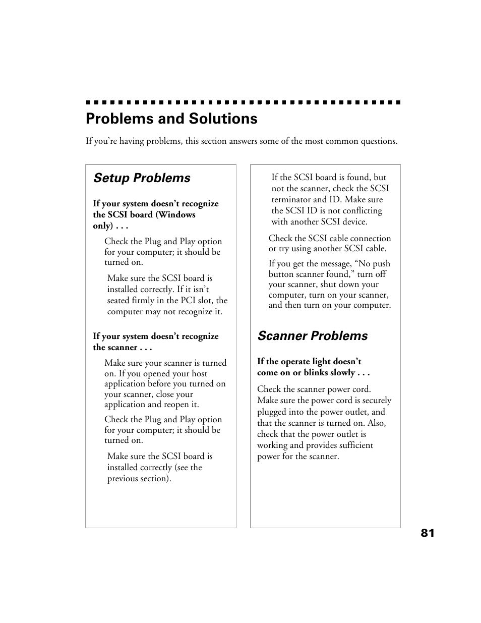 Problems and solutions, Setup problems, Scanner problems | Epson 1200S User Manual | Page 88 / 113