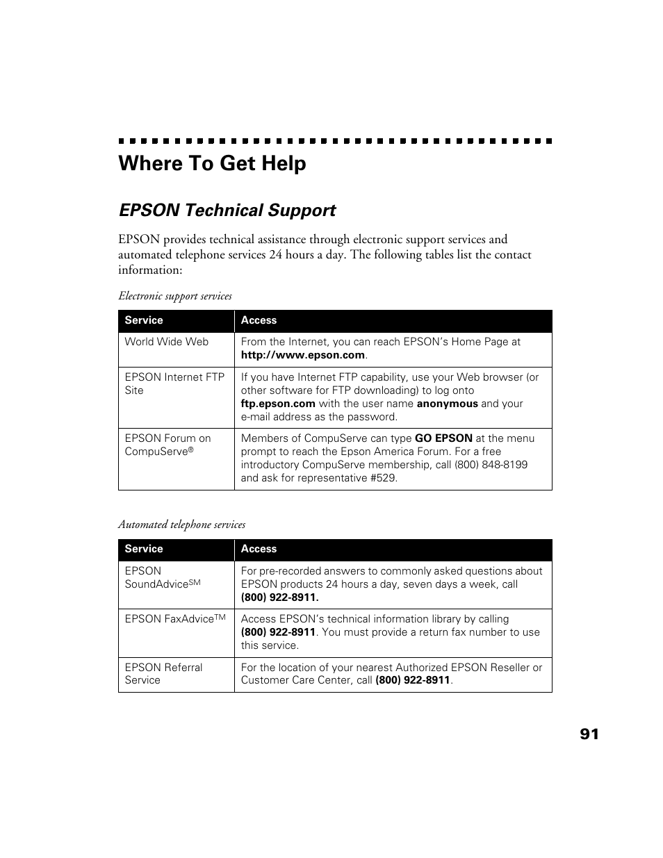 Where to get help, Epson technical support | Epson 1200S User Manual | Page 98 / 113