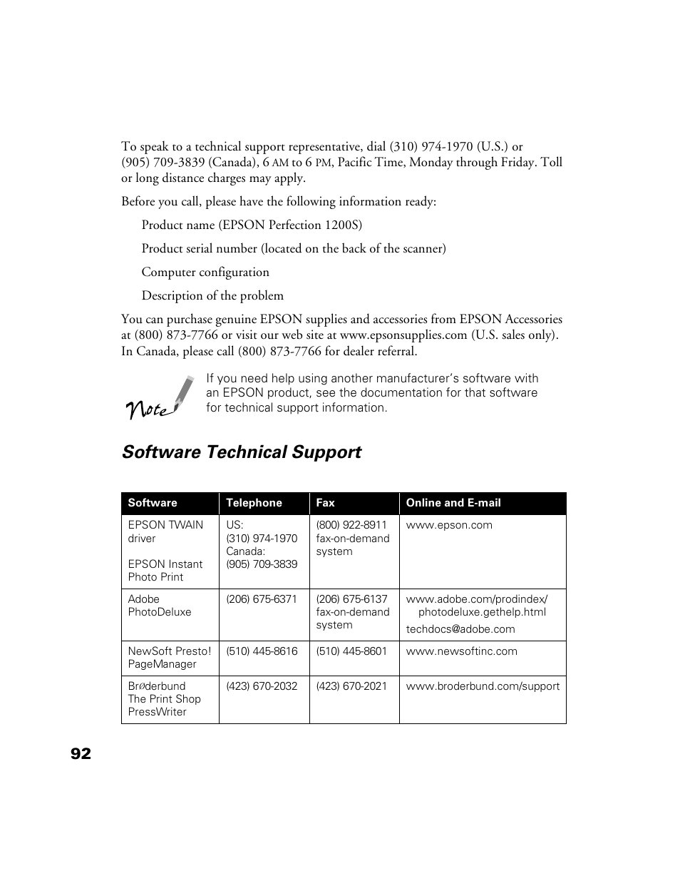 Software technical support | Epson 1200S User Manual | Page 99 / 113