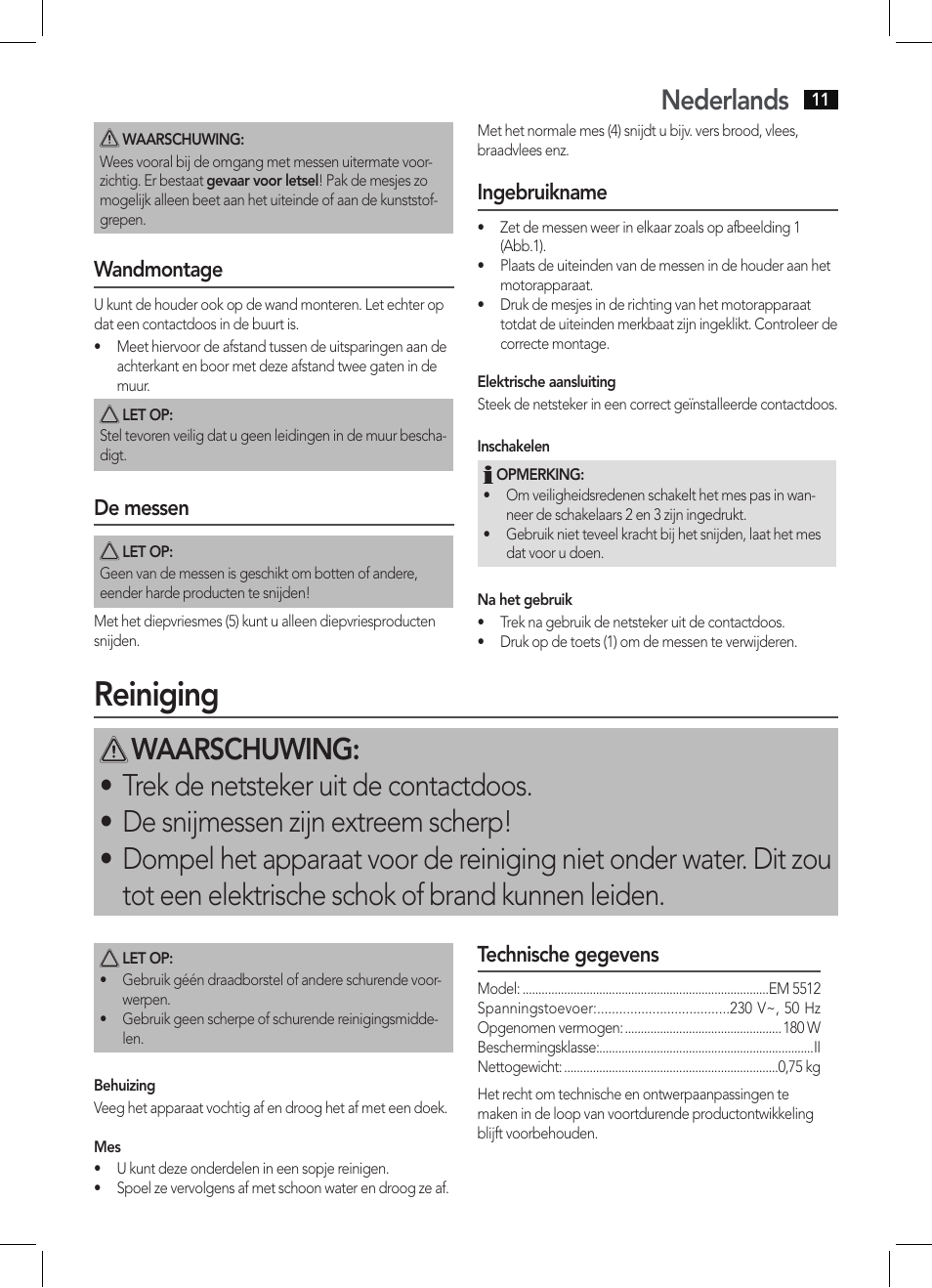 Reiniging, Nederlands, Wandmontage | De messen, Ingebruikname, Technische gegevens | AEG EM 5512 User Manual | Page 11 / 54