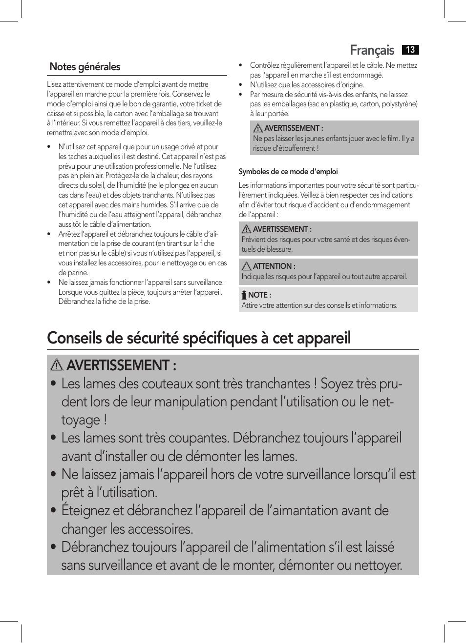 Conseils de sécurité spécifiques à cet appareil, Français | AEG EM 5512 User Manual | Page 13 / 54