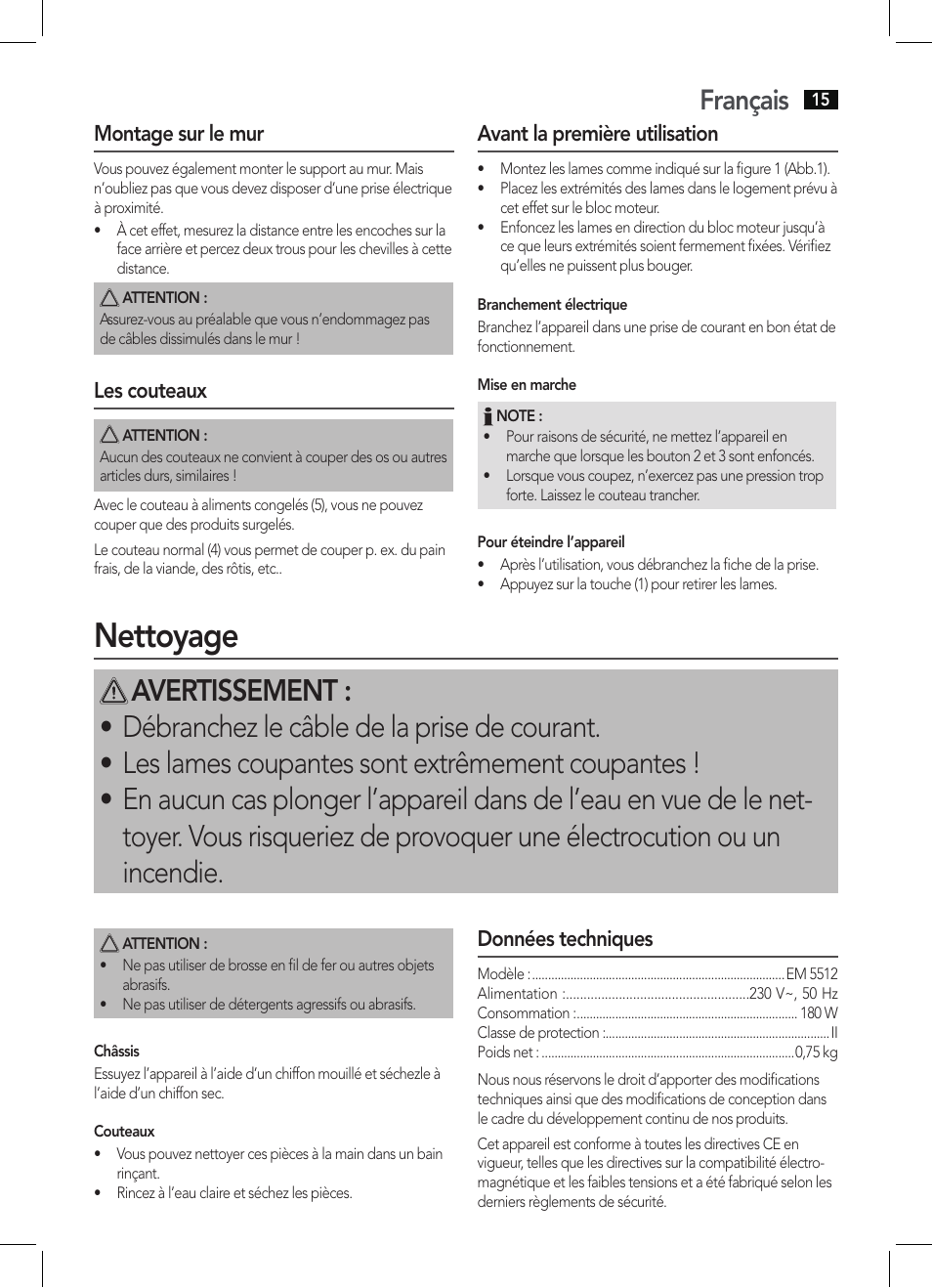 Nettoyage, Français, Montage sur le mur | Les couteaux, Avant la première utilisation, Données techniques | AEG EM 5512 User Manual | Page 15 / 54