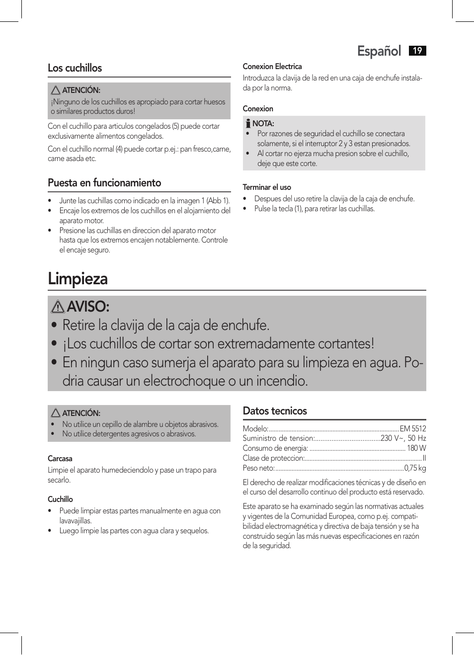 Limpieza, Español | AEG EM 5512 User Manual | Page 19 / 54