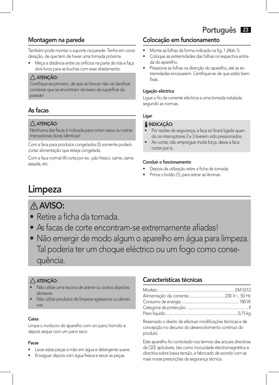 Limpeza, Português | AEG EM 5512 User Manual | Page 23 / 54