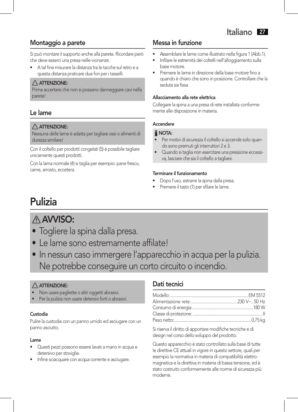 Pulizia, Italiano | AEG EM 5512 User Manual | Page 27 / 54