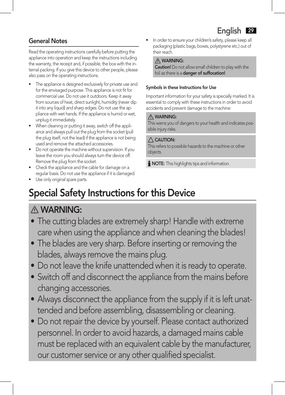 Special safety instructions for this device, English | AEG EM 5512 User Manual | Page 29 / 54