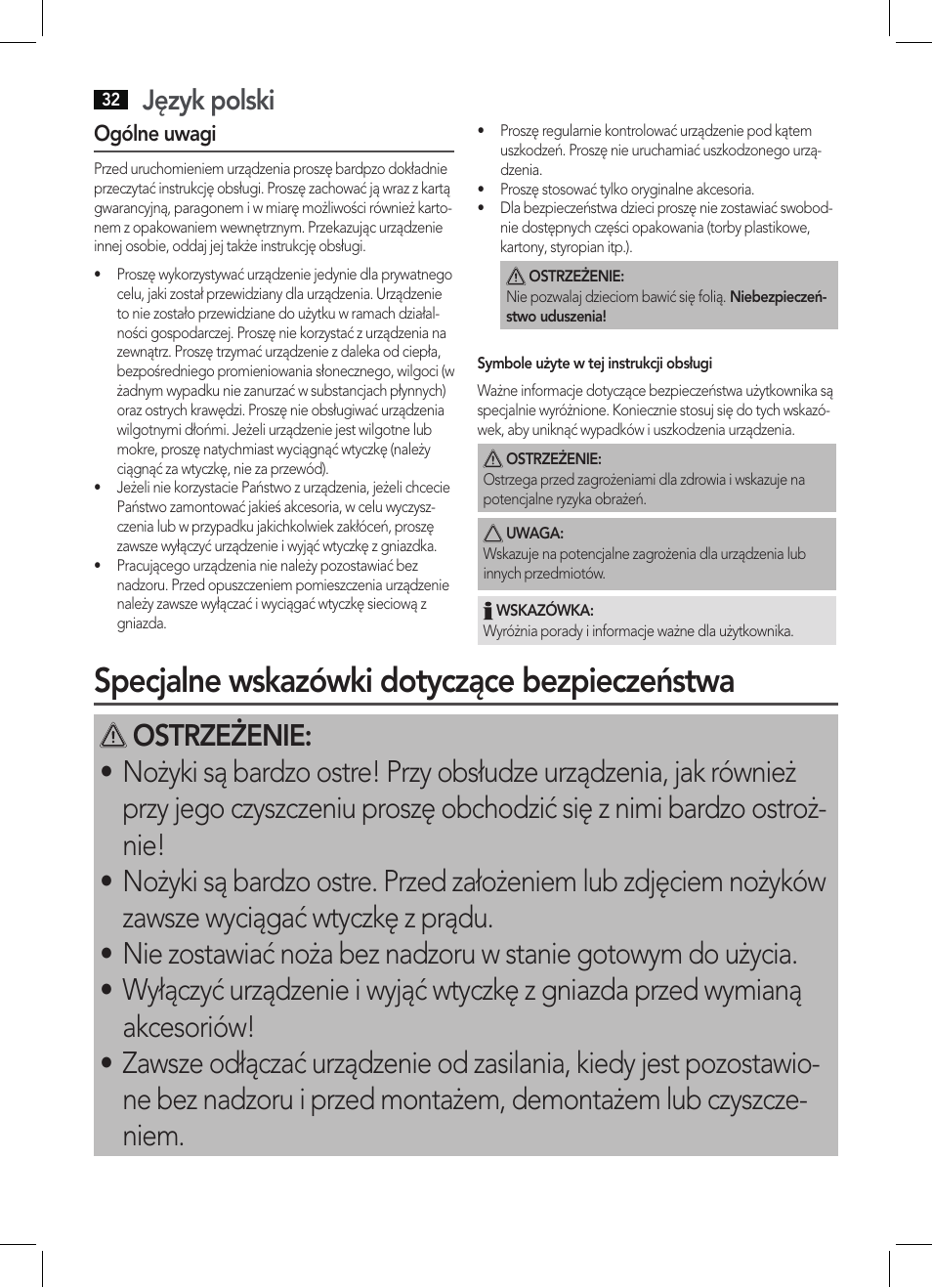 Specjalne wskazówki dotyczące bezpieczeństwa, Język polski | AEG EM 5512 User Manual | Page 32 / 54