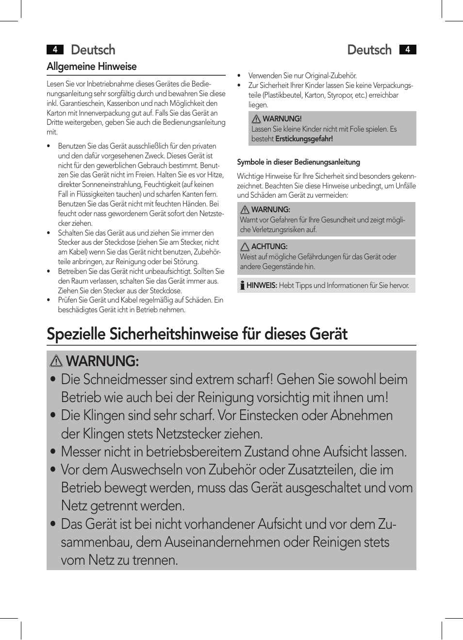 Spezielle sicherheitshinweise für dieses gerät, Deutsch | AEG EM 5512 User Manual | Page 4 / 54