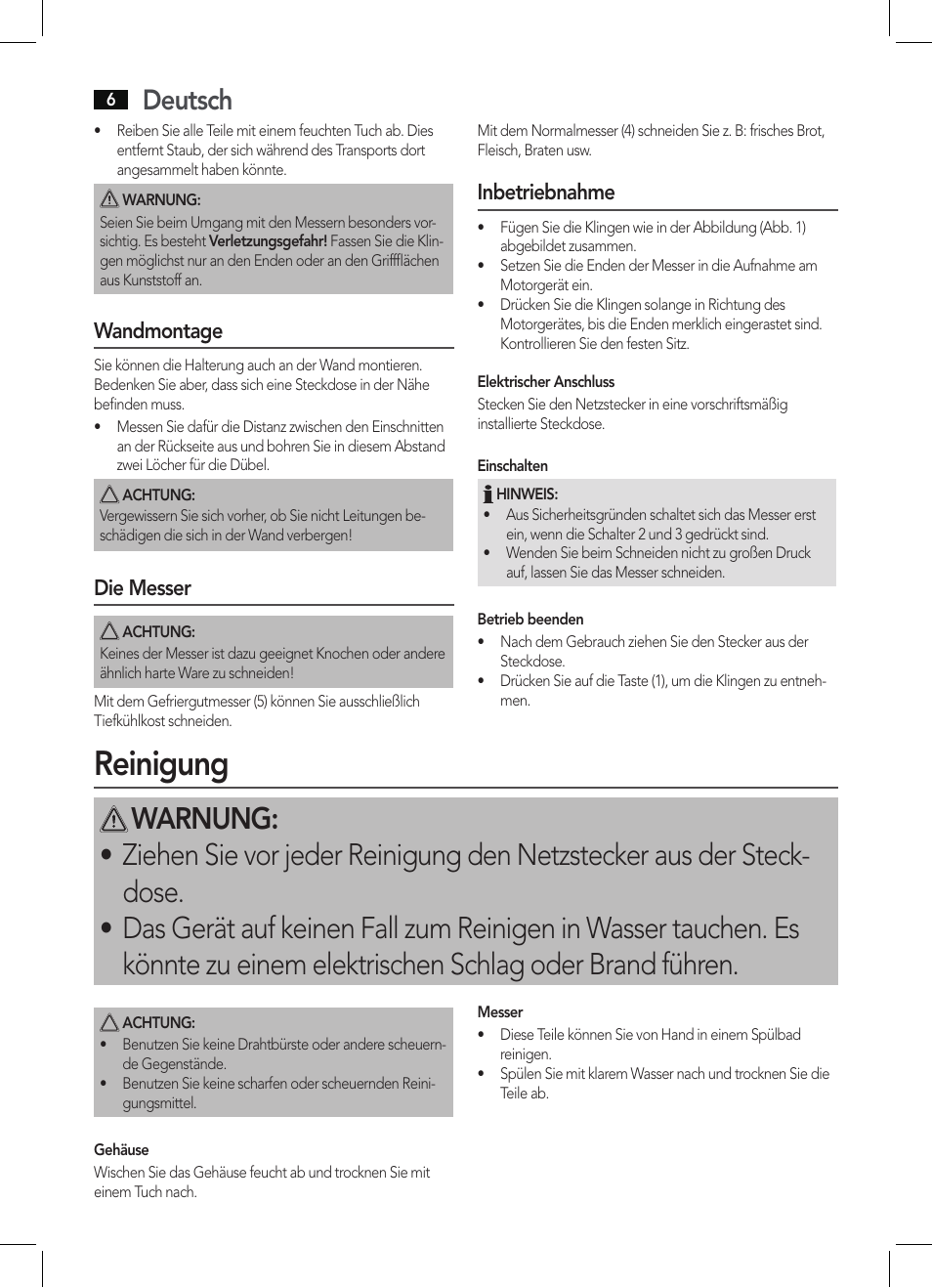 Reinigung, Deutsch, Wandmontage | Die messer, Inbetriebnahme | AEG EM 5512 User Manual | Page 6 / 54