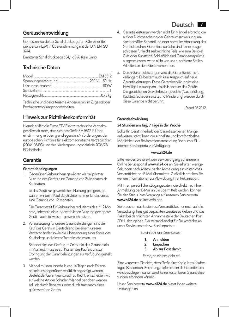 Deutsch, Geräuschentwicklung, Technische daten | Hinweis zur richtlinienkonformität, Garantie | AEG EM 5512 User Manual | Page 7 / 54