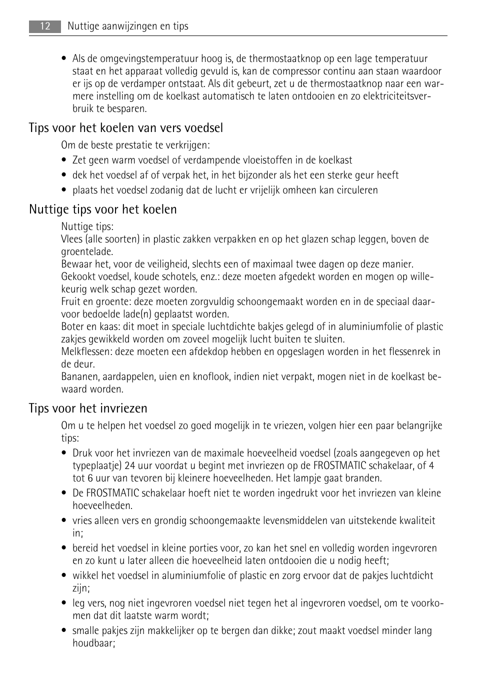 Tips voor het koelen van vers voedsel, Nuttige tips voor het koelen, Tips voor het invriezen | AEG SKS81000F0 User Manual | Page 12 / 84