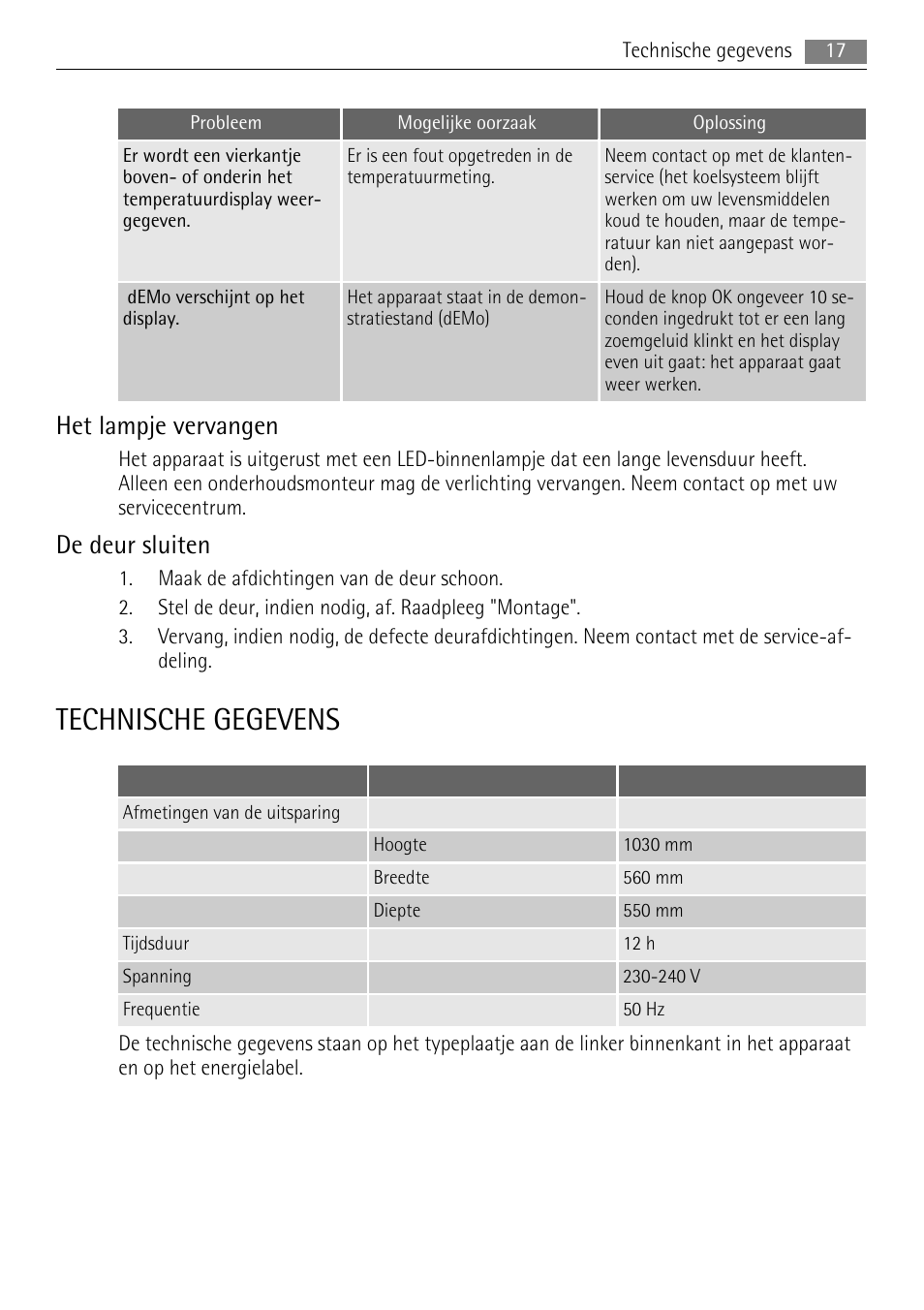 Technische gegevens, Het lampje vervangen, De deur sluiten | AEG SKS81000F0 User Manual | Page 17 / 84