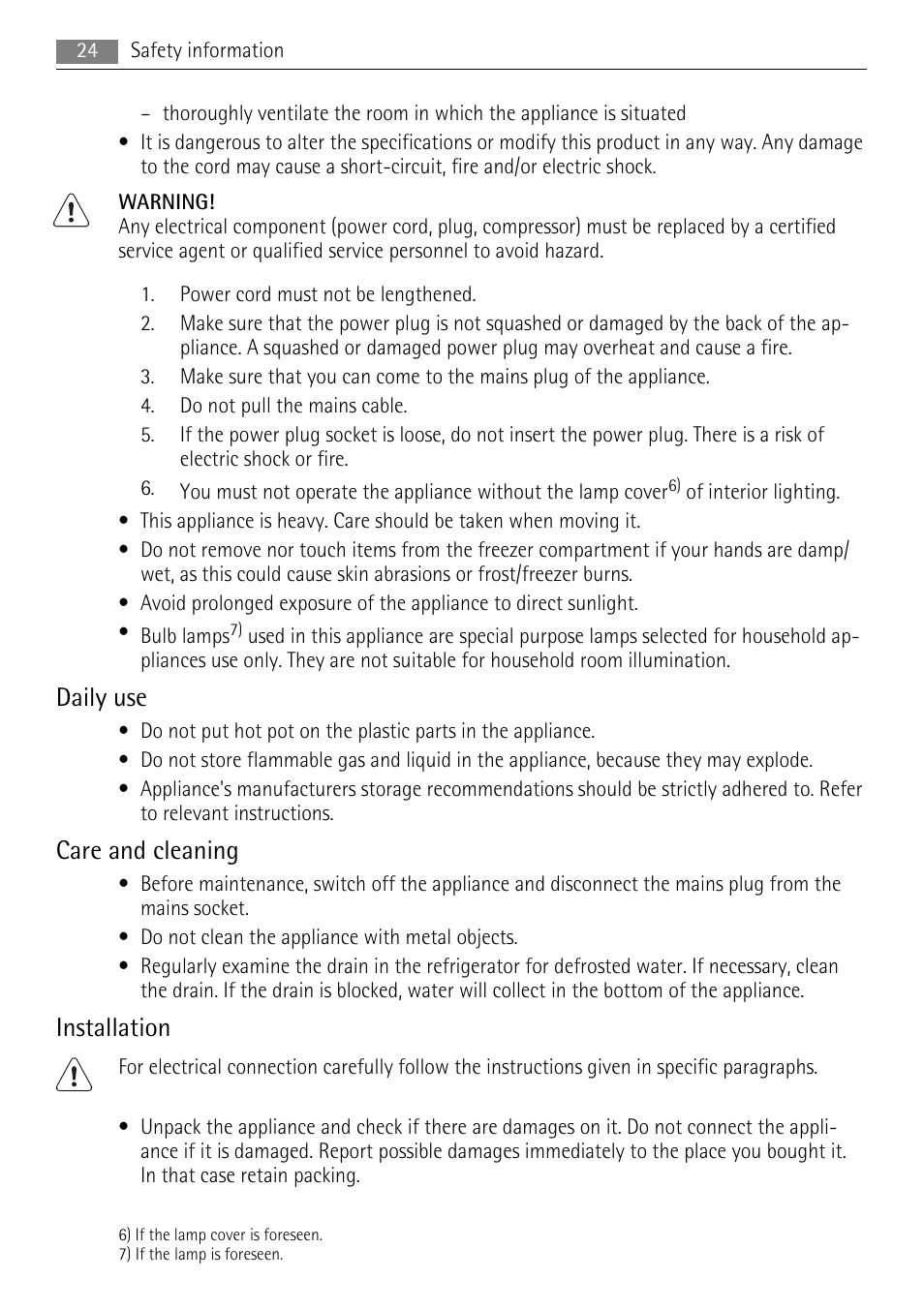 Daily use, Care and cleaning, Installation | AEG SKS81000F0 User Manual | Page 24 / 84