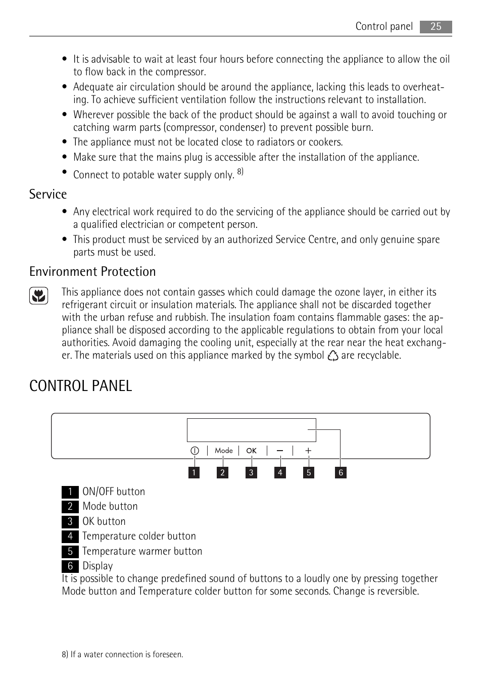 Control panel, Service, Environment protection | AEG SKS81000F0 User Manual | Page 25 / 84