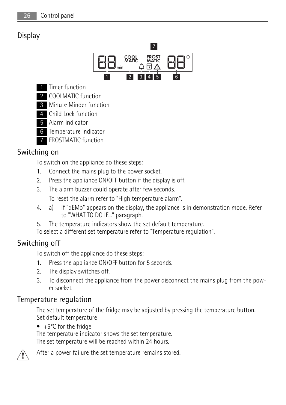 Display, Switching on, Switching off | Temperature regulation | AEG SKS81000F0 User Manual | Page 26 / 84