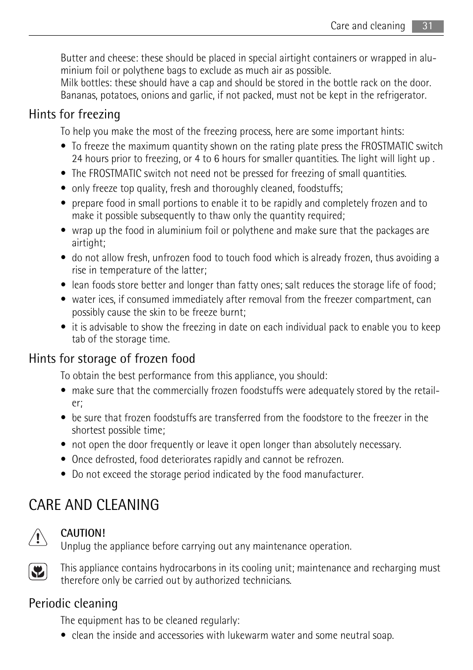 Care and cleaning, Hints for freezing, Hints for storage of frozen food | Periodic cleaning | AEG SKS81000F0 User Manual | Page 31 / 84