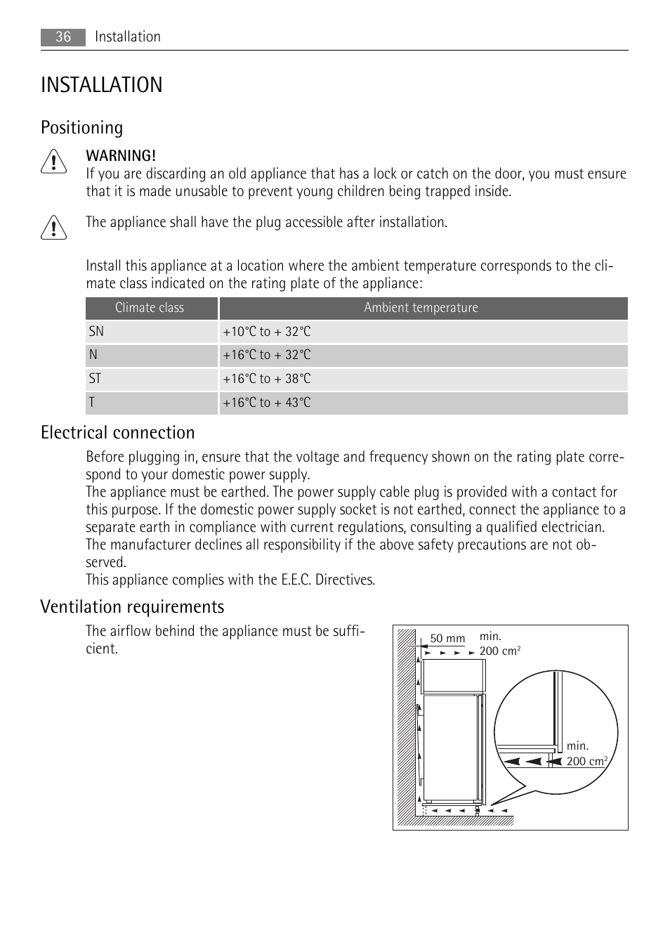 Installation, Positioning, Electrical connection | Ventilation requirements | AEG SKS81000F0 User Manual | Page 36 / 84