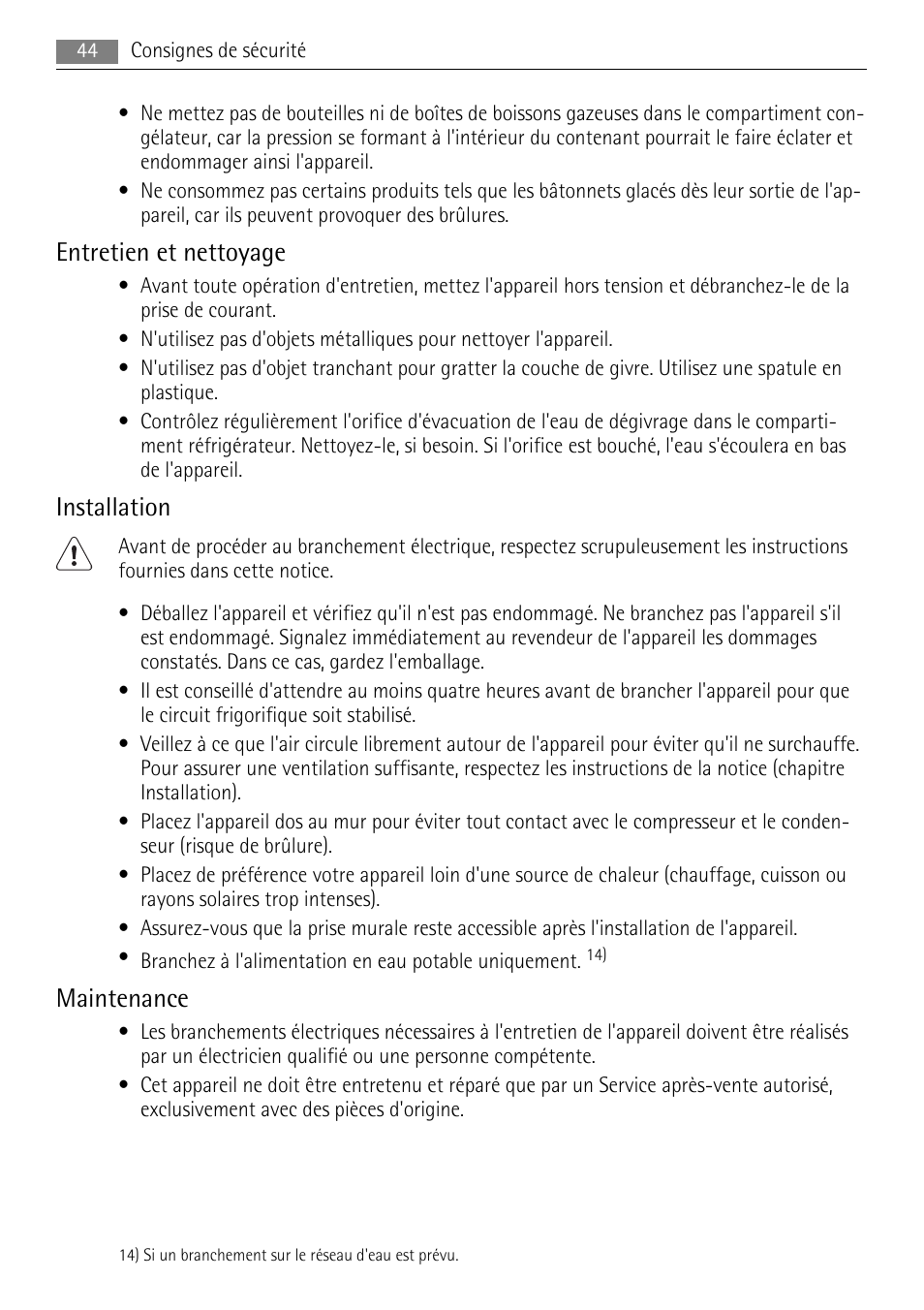 Entretien et nettoyage, Installation, Maintenance | AEG SKS81000F0 User Manual | Page 44 / 84