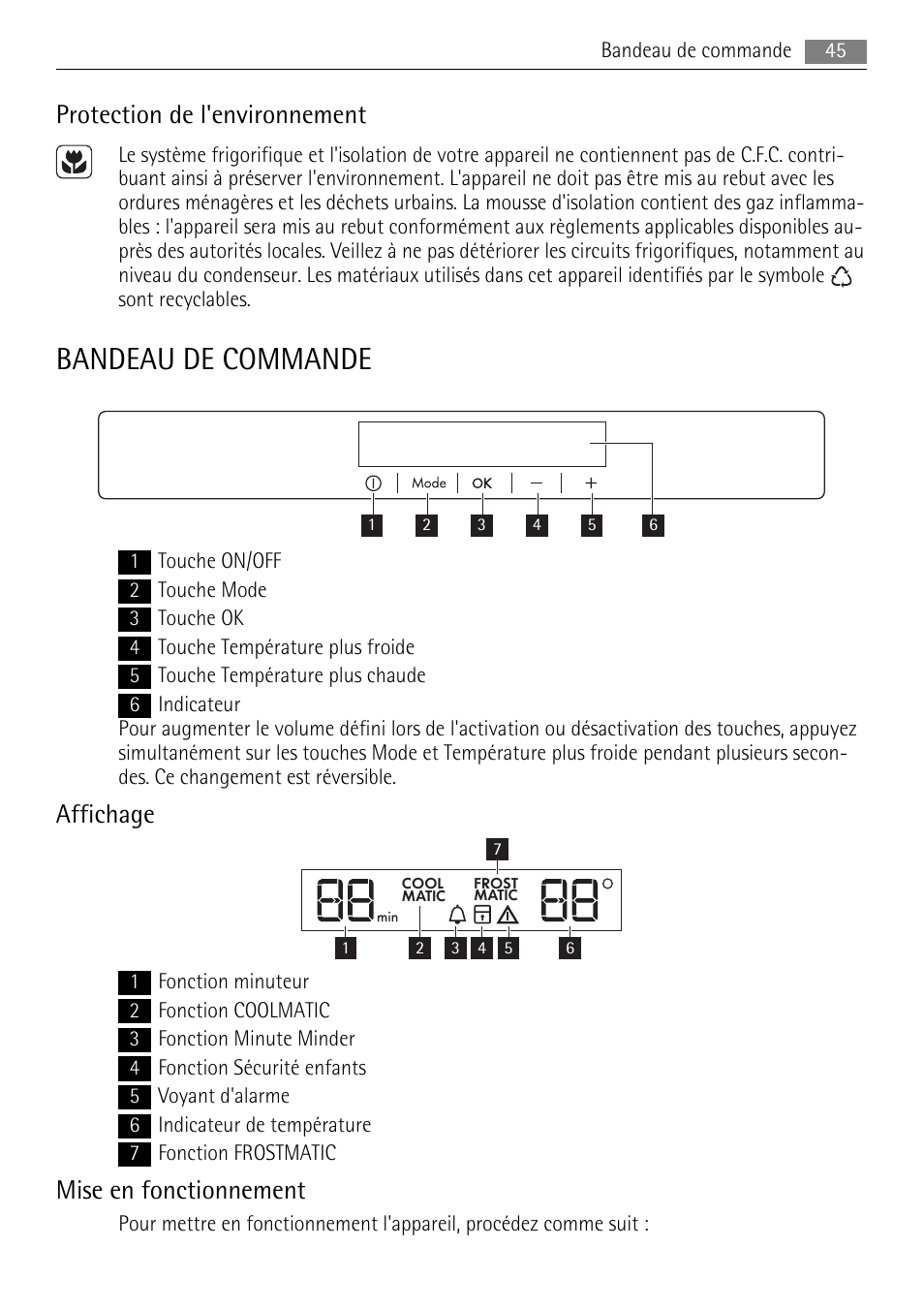 Bandeau de commande, Protection de l'environnement, Affichage | Mise en fonctionnement | AEG SKS81000F0 User Manual | Page 45 / 84