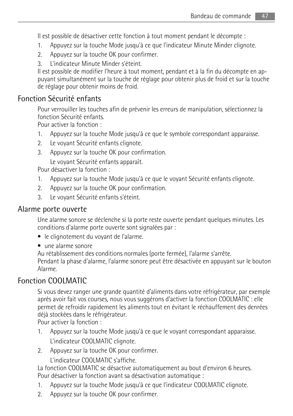 Fonction sécurité enfants, Alarme porte ouverte, Fonction coolmatic | AEG SKS81000F0 User Manual | Page 47 / 84