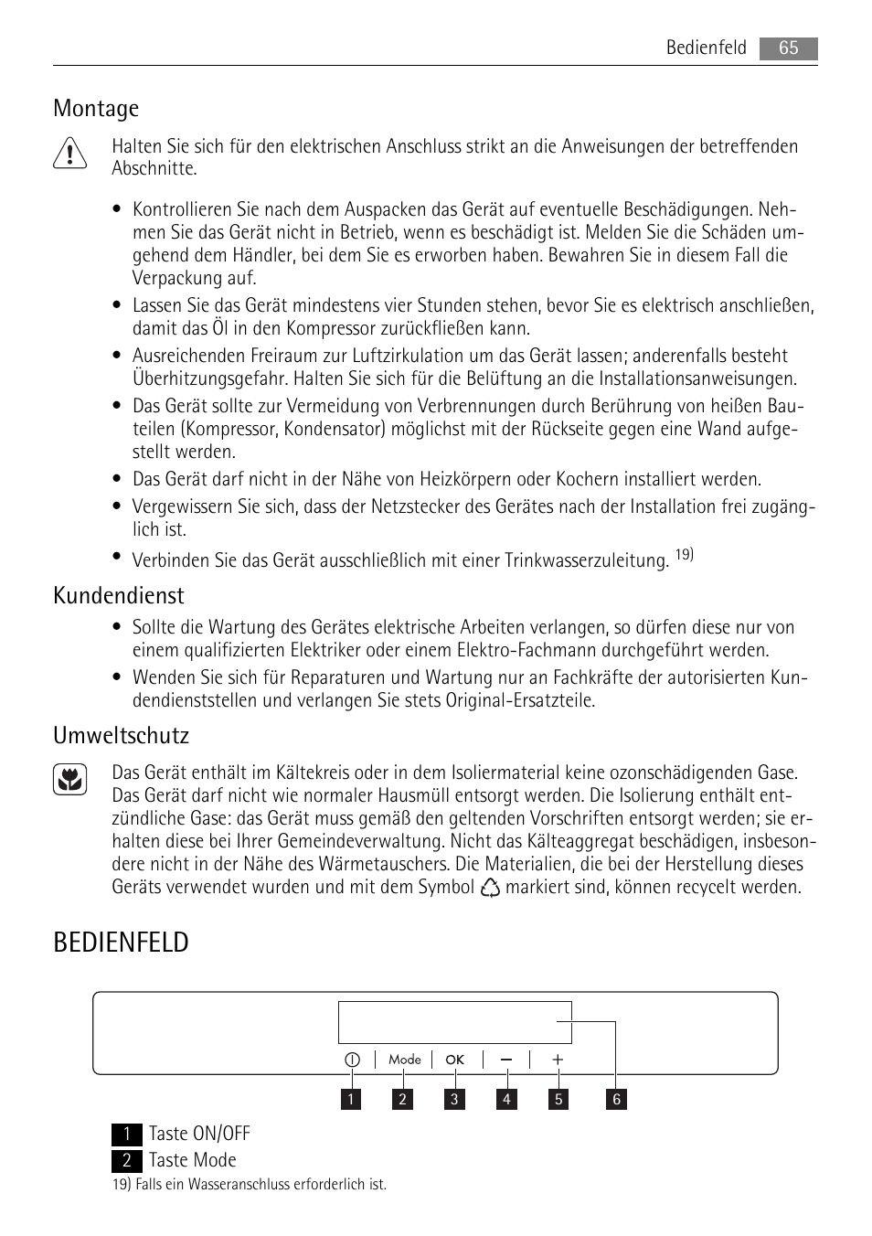 Bedienfeld, Montage, Kundendienst | Umweltschutz | AEG SKS81000F0 User Manual | Page 65 / 84