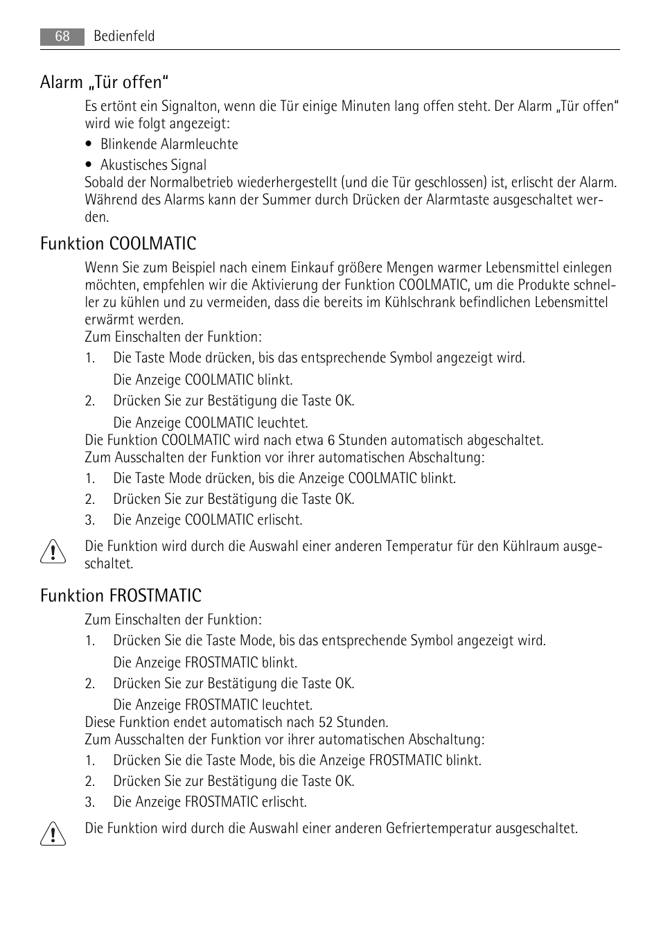 Alarm „tür offen, Funktion coolmatic, Funktion frostmatic | AEG SKS81000F0 User Manual | Page 68 / 84