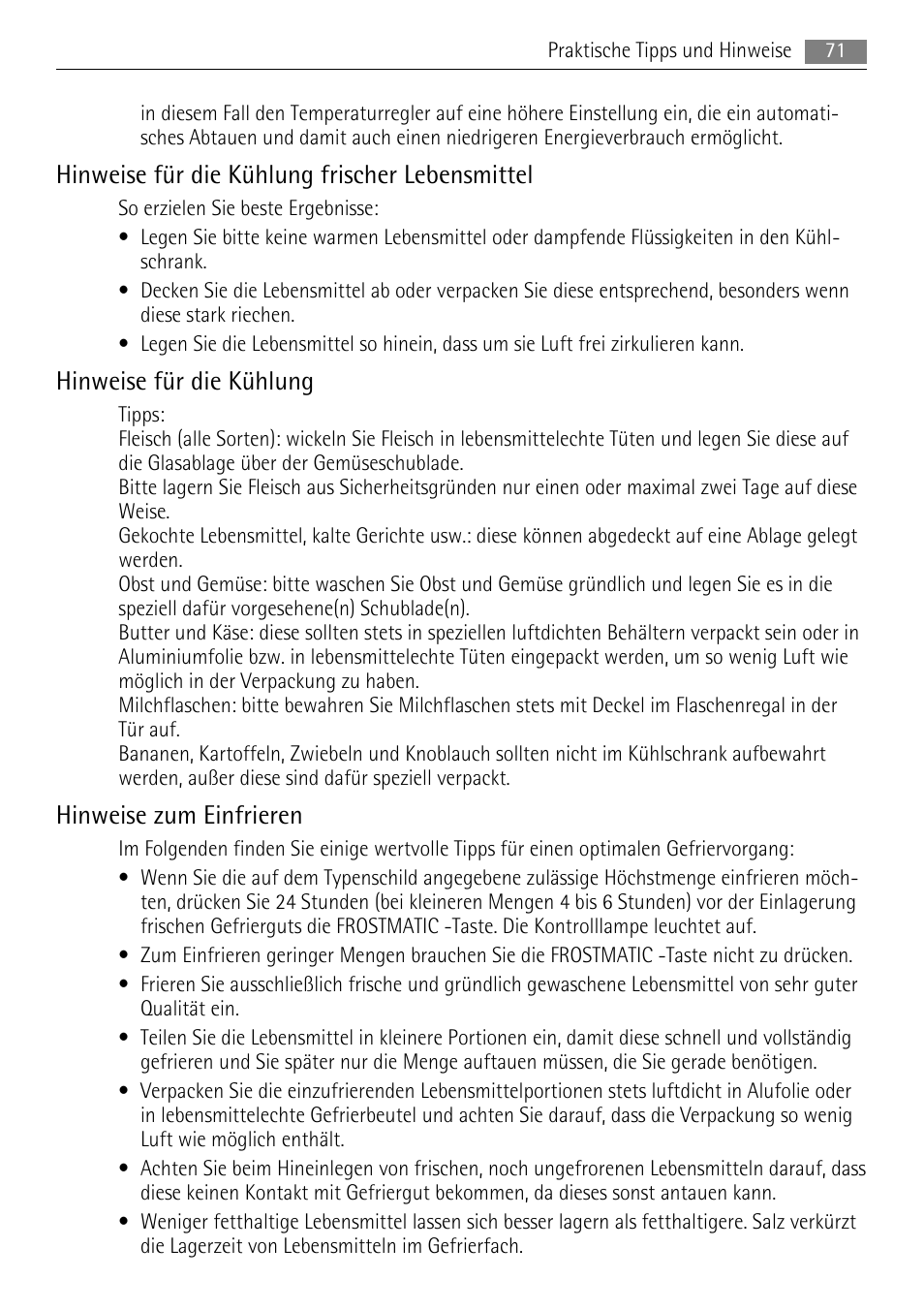 Hinweise für die kühlung frischer lebensmittel, Hinweise für die kühlung, Hinweise zum einfrieren | AEG SKS81000F0 User Manual | Page 71 / 84