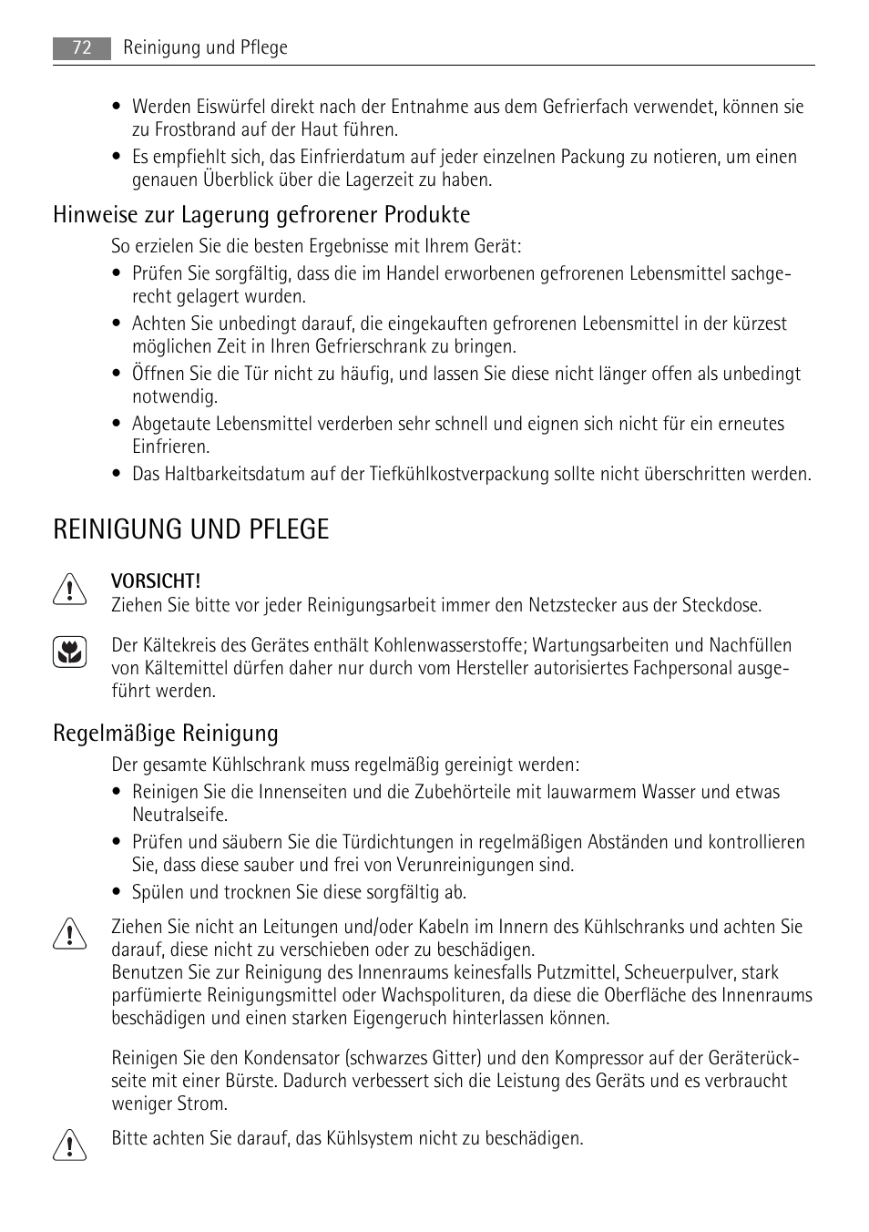 Reinigung und pflege, Hinweise zur lagerung gefrorener produkte, Regelmäßige reinigung | AEG SKS81000F0 User Manual | Page 72 / 84