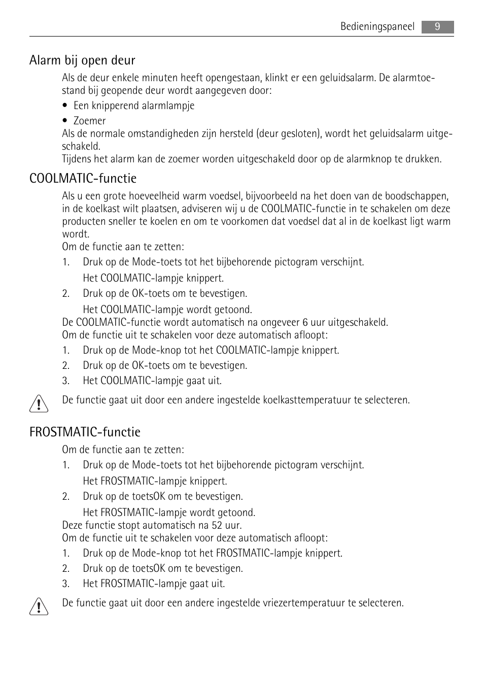 Alarm bij open deur, Coolmatic-functie, Frostmatic-functie | AEG SKS81000F0 User Manual | Page 9 / 84