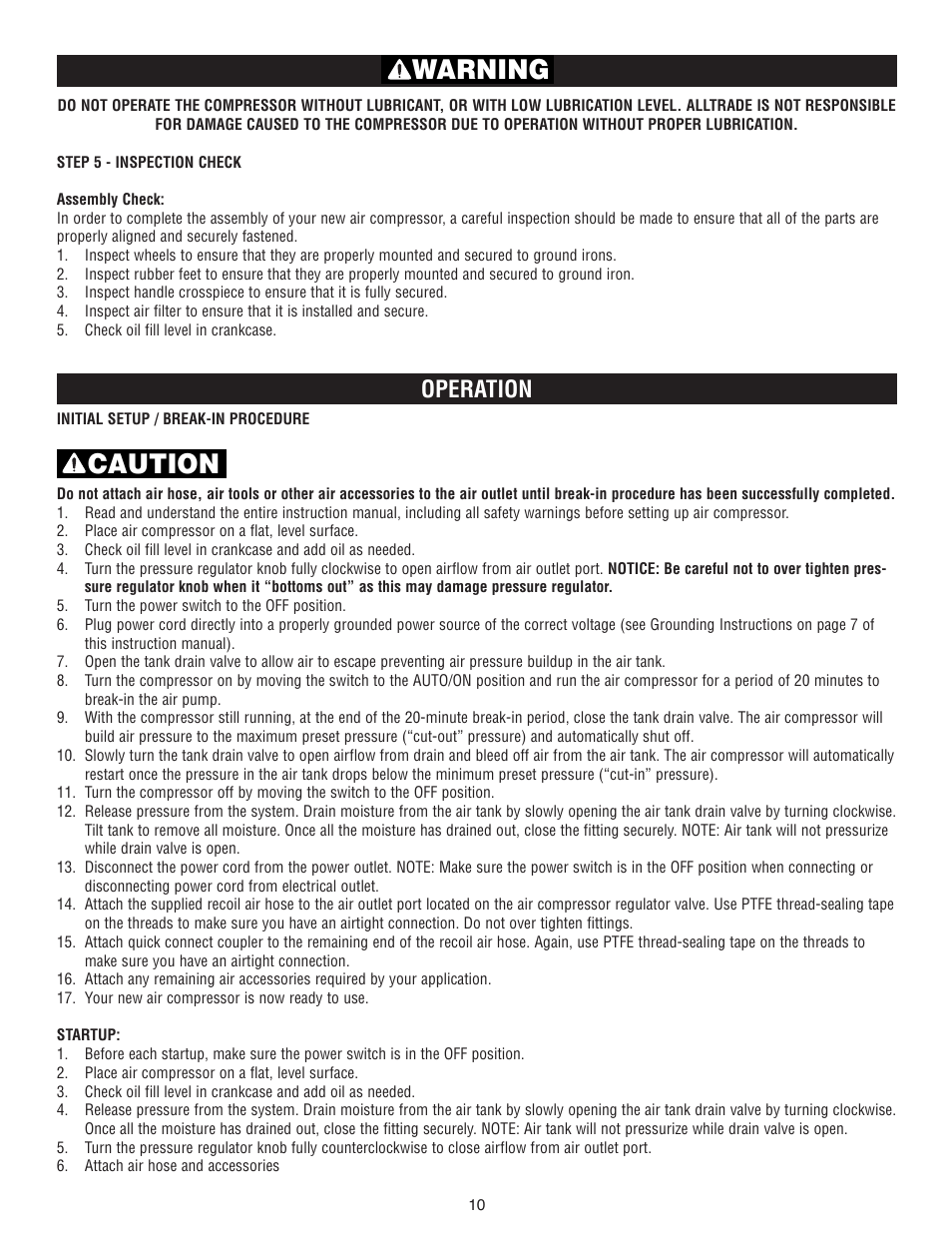 Caution warning, Operation | AllTrade #540025 User Manual | Page 10 / 19