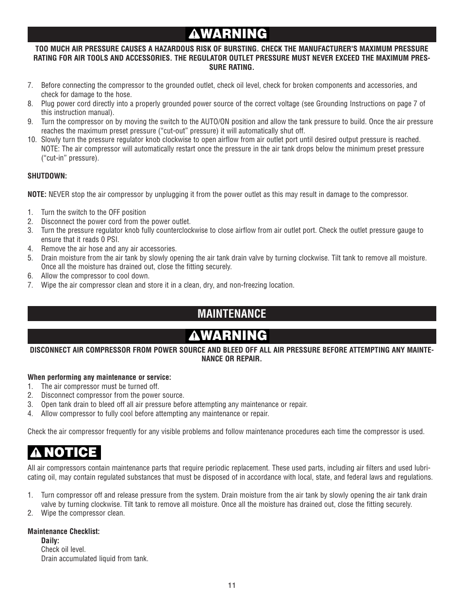 Warning, Warning notice, Maintenance | AllTrade #540025 User Manual | Page 11 / 19