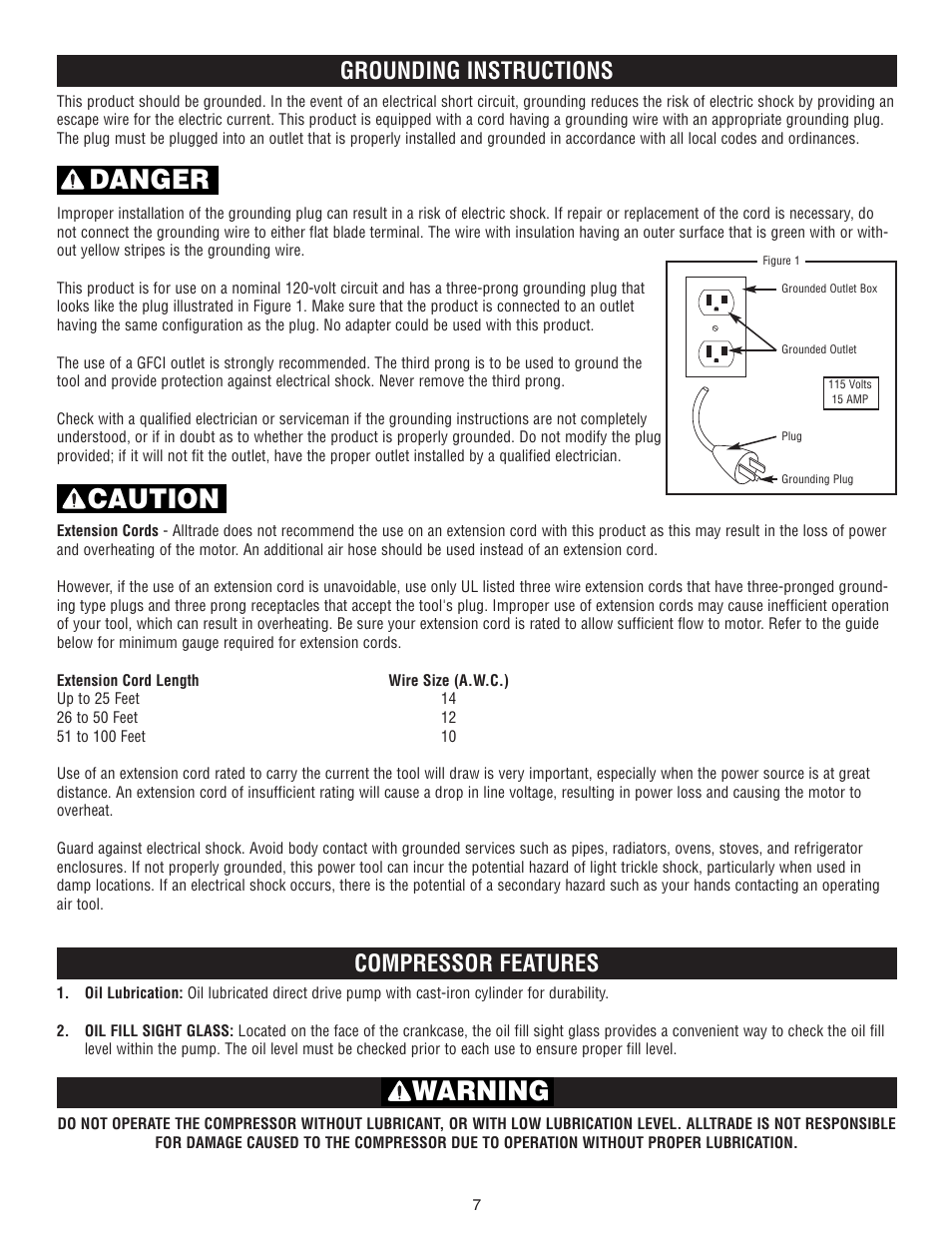 Danger caution warning, Grounding instructions, Compressor features | AllTrade #540025 User Manual | Page 7 / 19