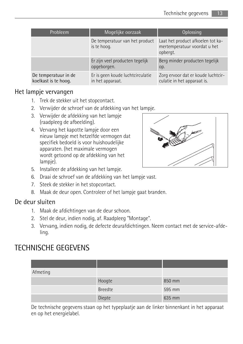 Technische gegevens, Het lampje vervangen, De deur sluiten | AEG S71708TSW0 User Manual | Page 13 / 72