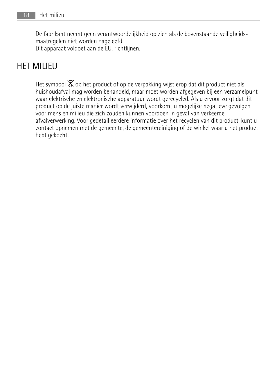 Het milieu | AEG S71708TSW0 User Manual | Page 18 / 72