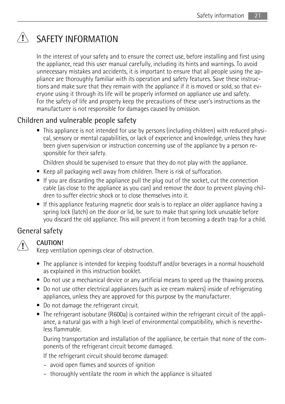 Safety information, Children and vulnerable people safety, General safety | AEG S71708TSW0 User Manual | Page 21 / 72