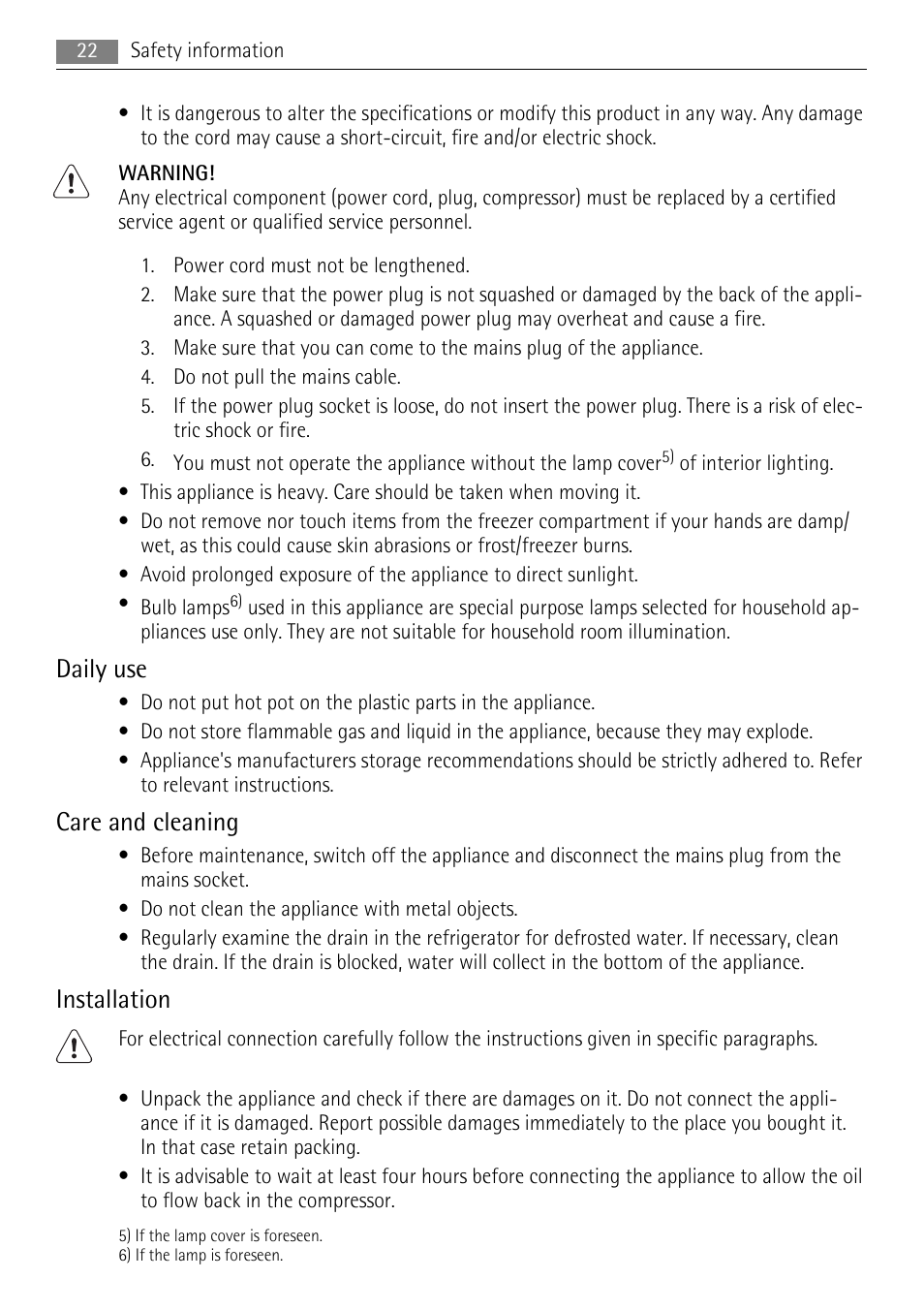 Daily use, Care and cleaning, Installation | AEG S71708TSW0 User Manual | Page 22 / 72