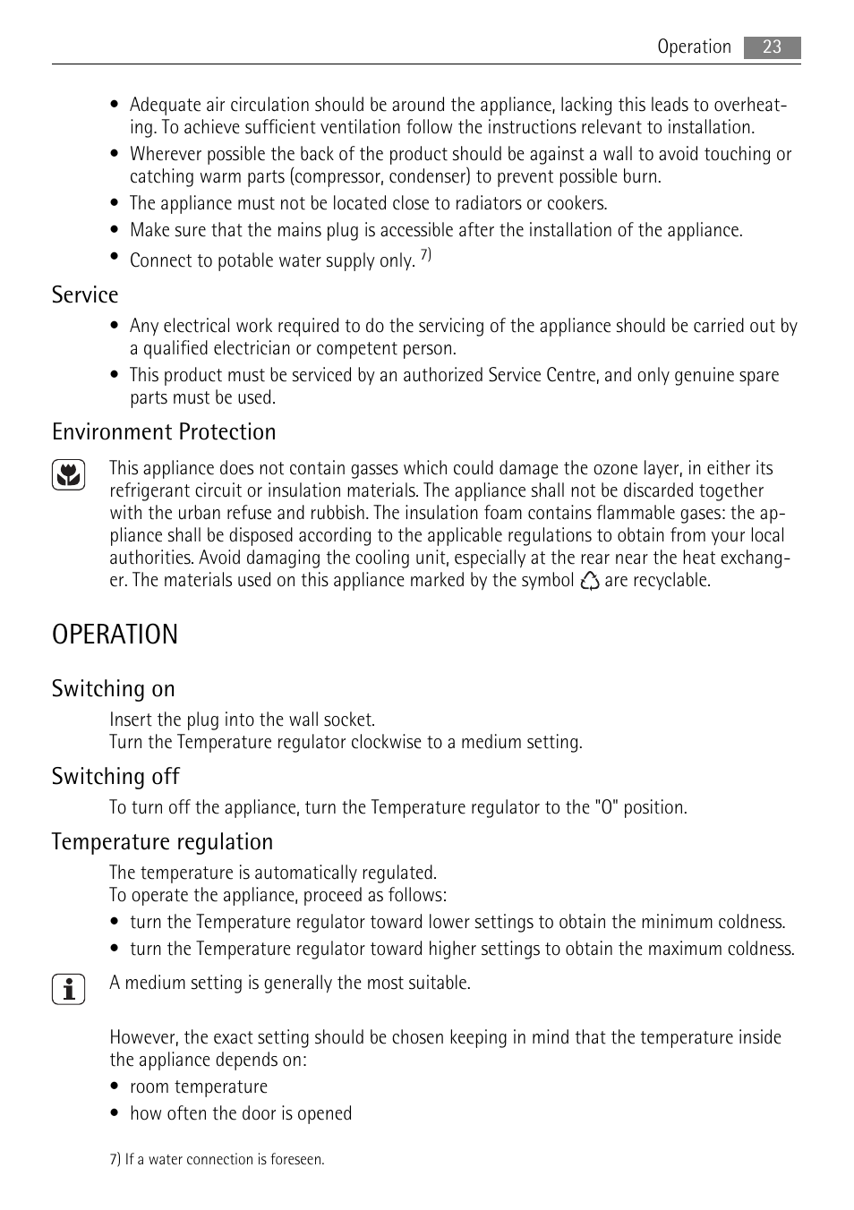 Operation, Service, Environment protection | Switching on, Switching off, Temperature regulation | AEG S71708TSW0 User Manual | Page 23 / 72
