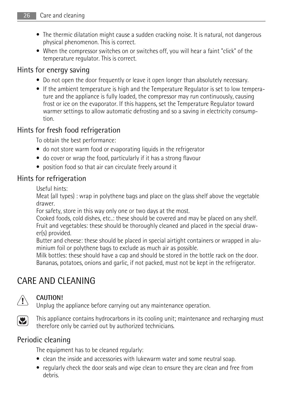 Care and cleaning, Hints for energy saving, Hints for fresh food refrigeration | Hints for refrigeration, Periodic cleaning | AEG S71708TSW0 User Manual | Page 26 / 72
