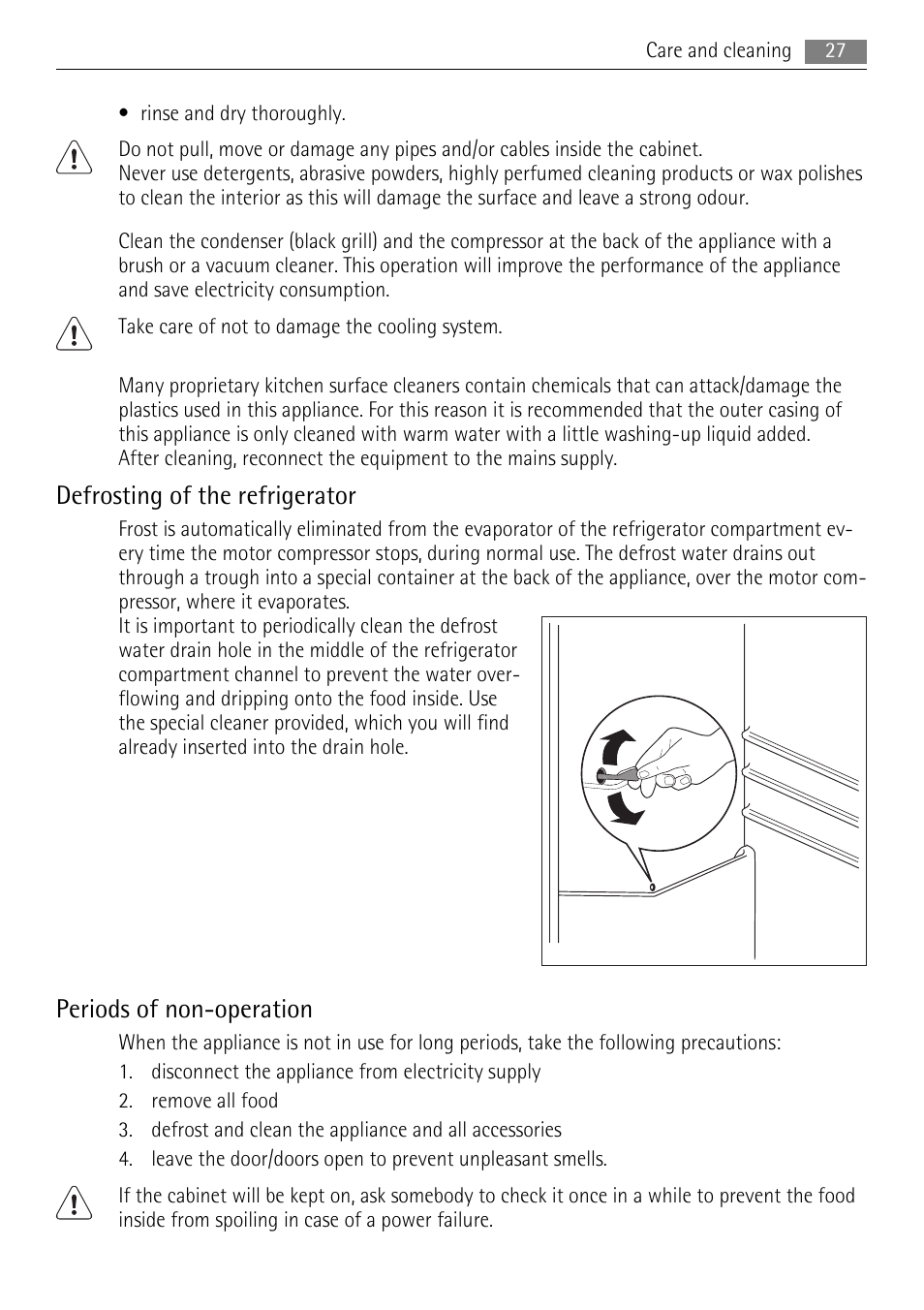 Defrosting of the refrigerator, Periods of non-operation | AEG S71708TSW0 User Manual | Page 27 / 72