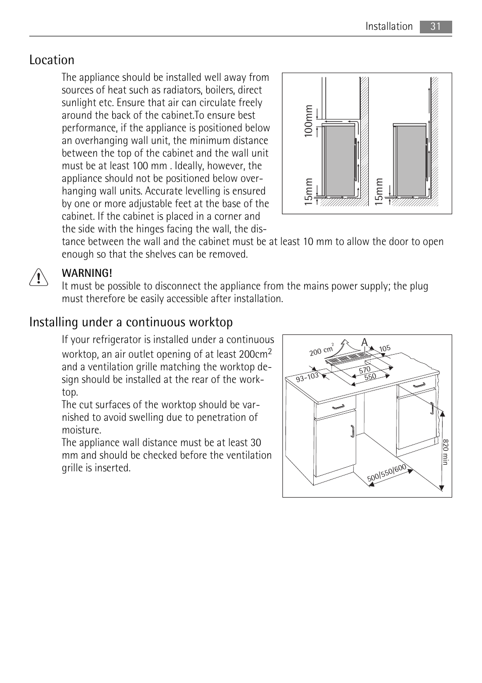 Location, Installing under a continuous worktop | AEG S71708TSW0 User Manual | Page 31 / 72