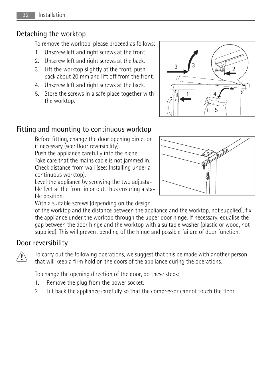 Detaching the worktop, Fitting and mounting to continuous worktop, Door reversibility | AEG S71708TSW0 User Manual | Page 32 / 72