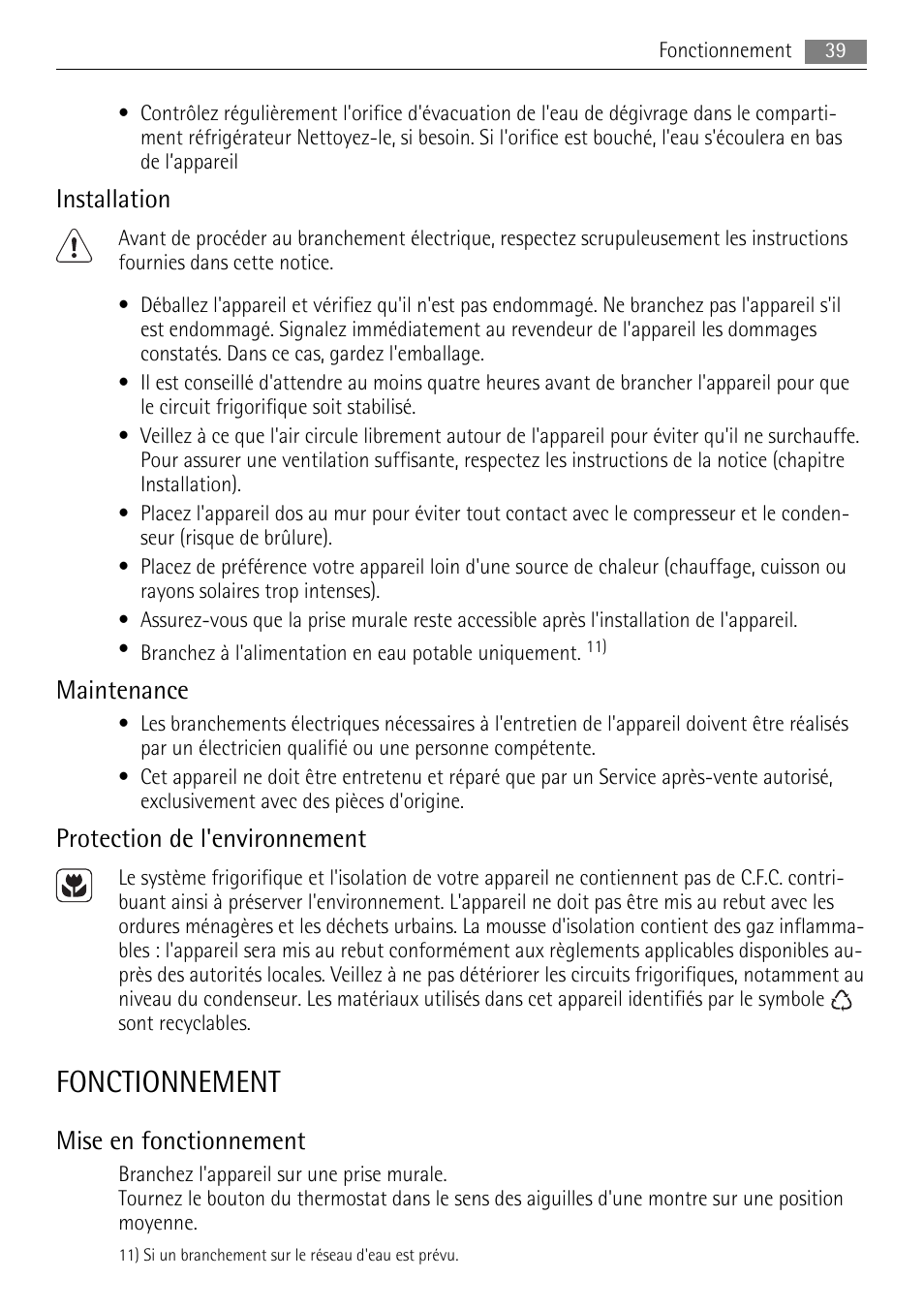 Fonctionnement, Installation, Maintenance | Protection de l'environnement, Mise en fonctionnement | AEG S71708TSW0 User Manual | Page 39 / 72