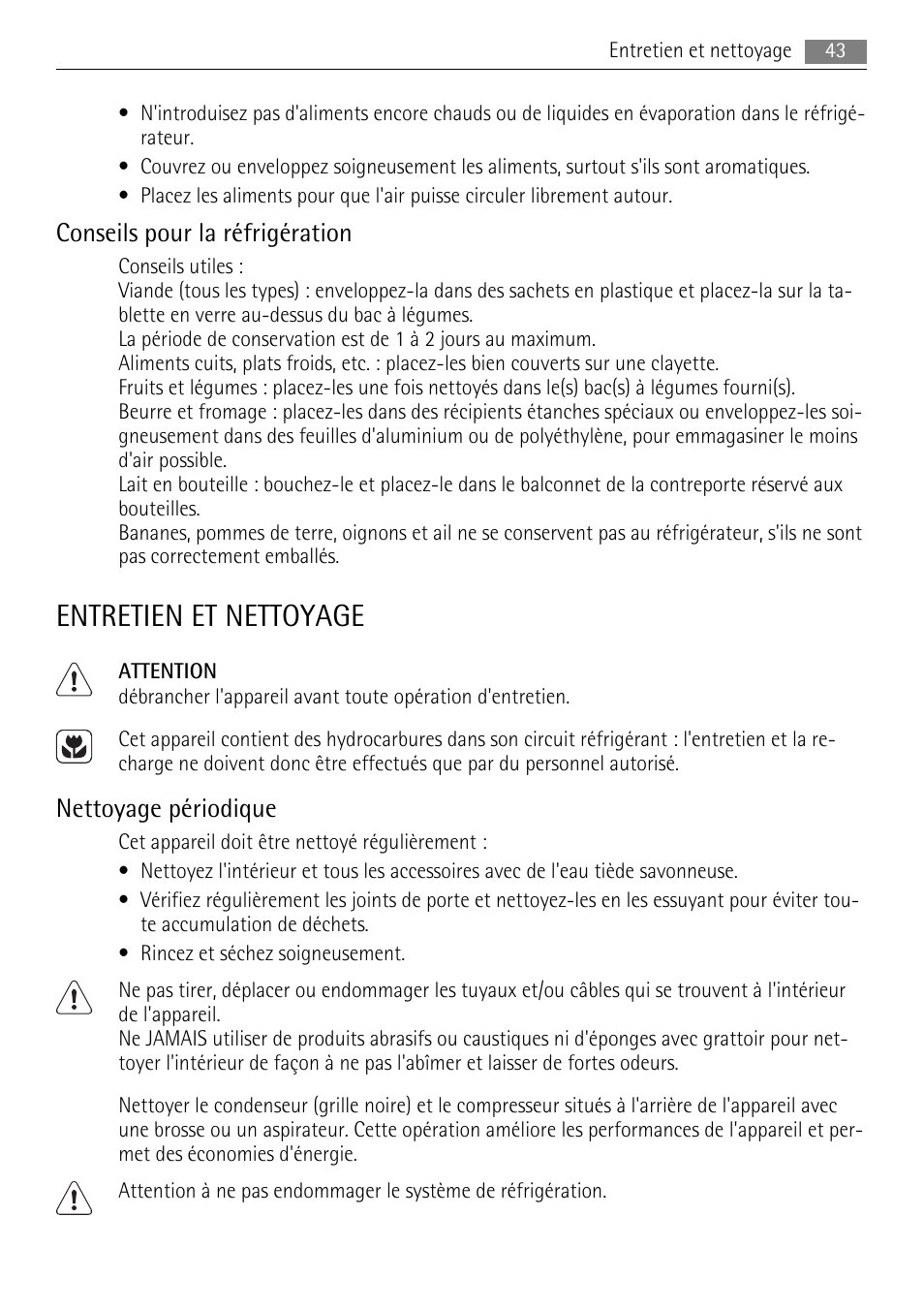 Entretien et nettoyage, Conseils pour la réfrigération, Nettoyage périodique | AEG S71708TSW0 User Manual | Page 43 / 72