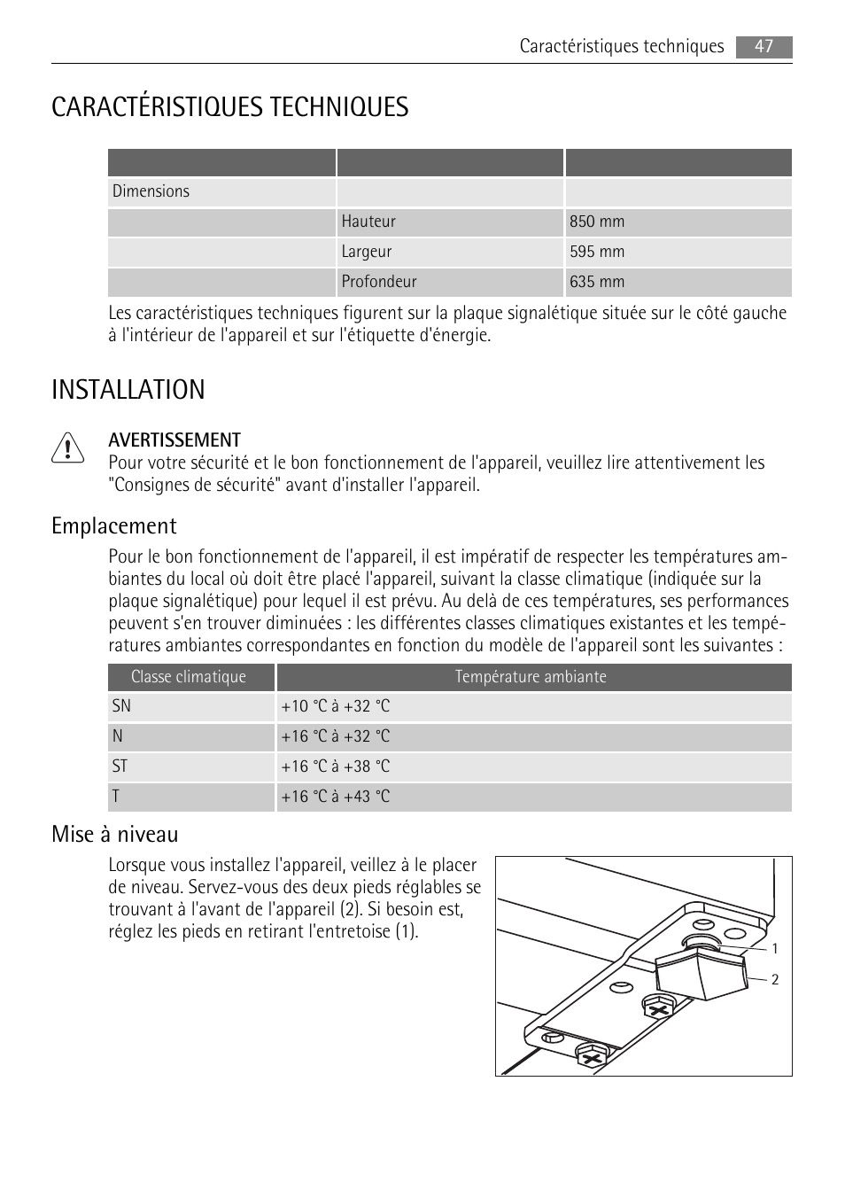 Caractéristiques techniques, Installation, Emplacement | Mise à niveau | AEG S71708TSW0 User Manual | Page 47 / 72