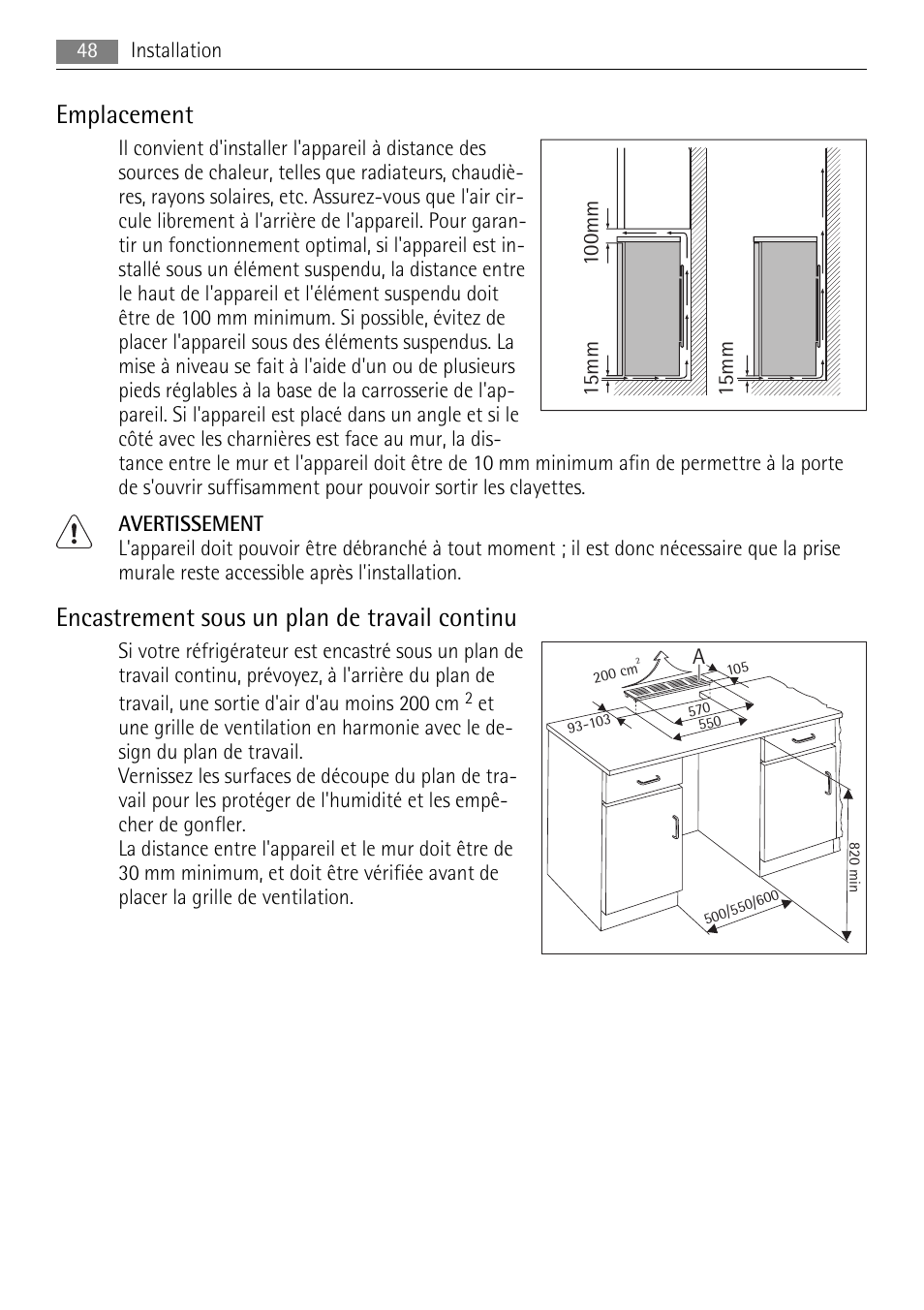 Emplacement, Encastrement sous un plan de travail continu | AEG S71708TSW0 User Manual | Page 48 / 72