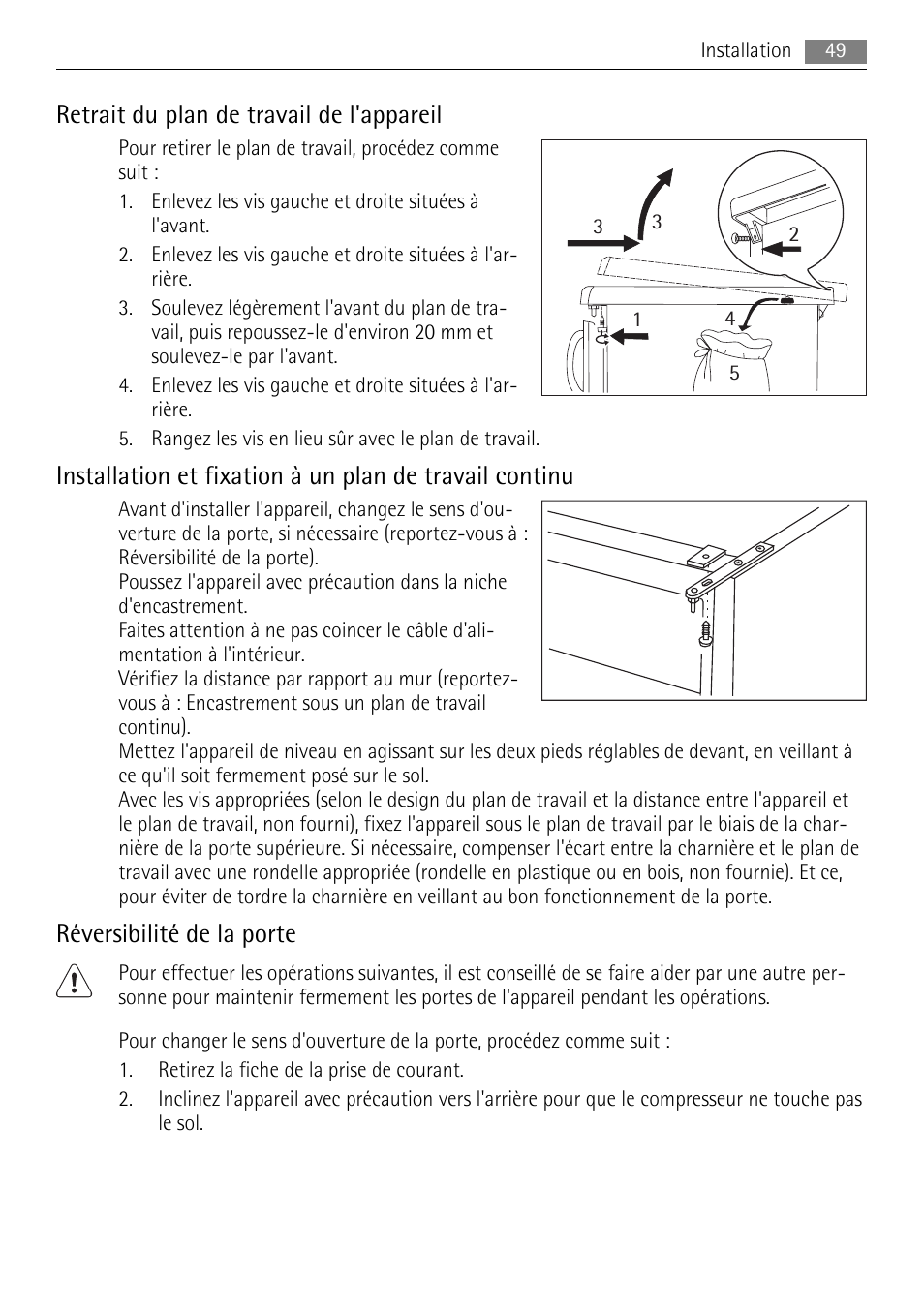 Retrait du plan de travail de l'appareil, Réversibilité de la porte | AEG S71708TSW0 User Manual | Page 49 / 72
