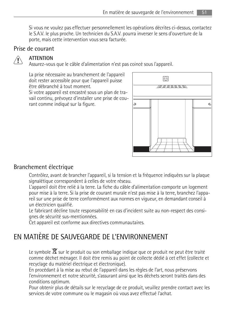 En matière de sauvegarde de l'environnement, Prise de courant, Branchement électrique | AEG S71708TSW0 User Manual | Page 51 / 72
